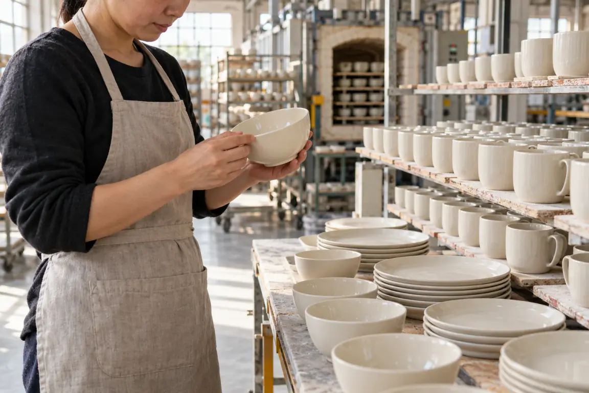 Illustrative ceramic production workshop and bowl inspection