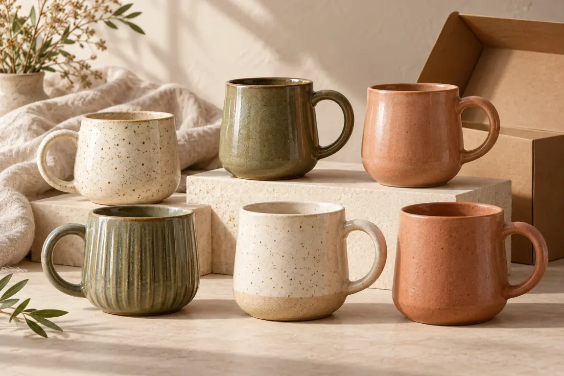 Generated mug range in cream, olive and terracotta with plain kraft packaging