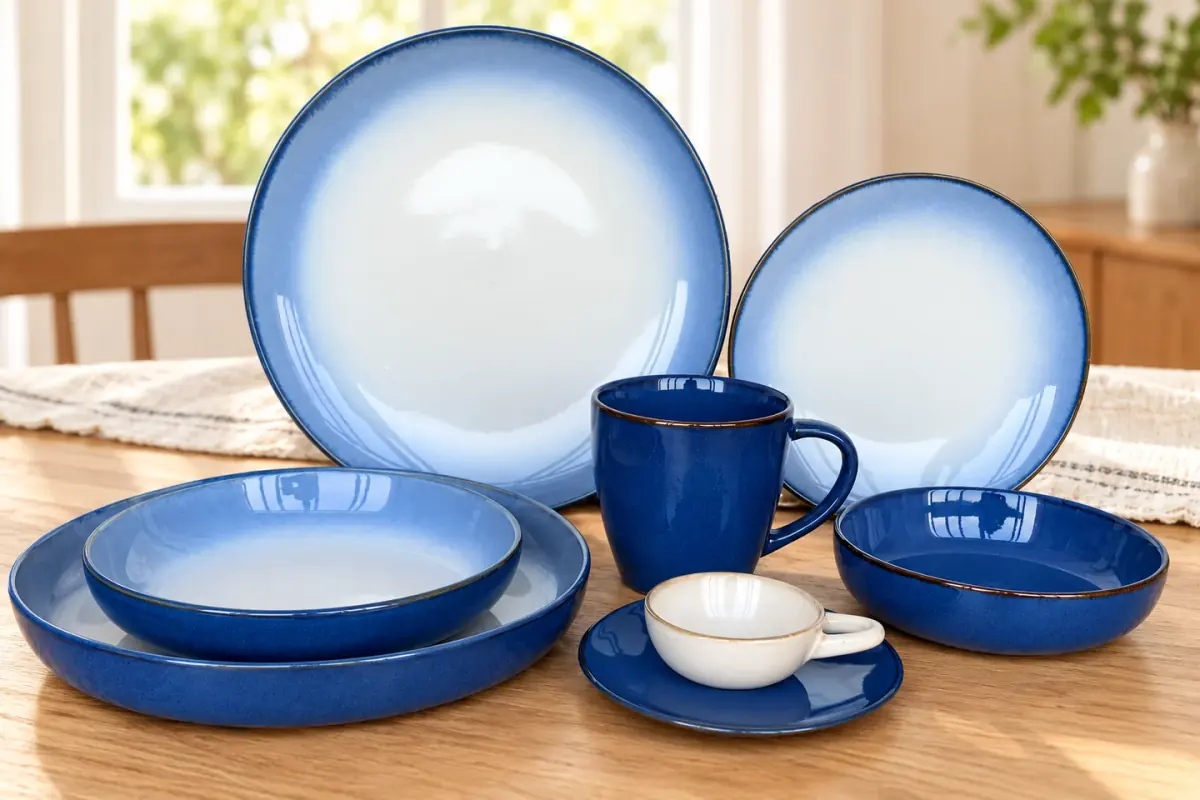 Coastal blue tableware — AI styled scene