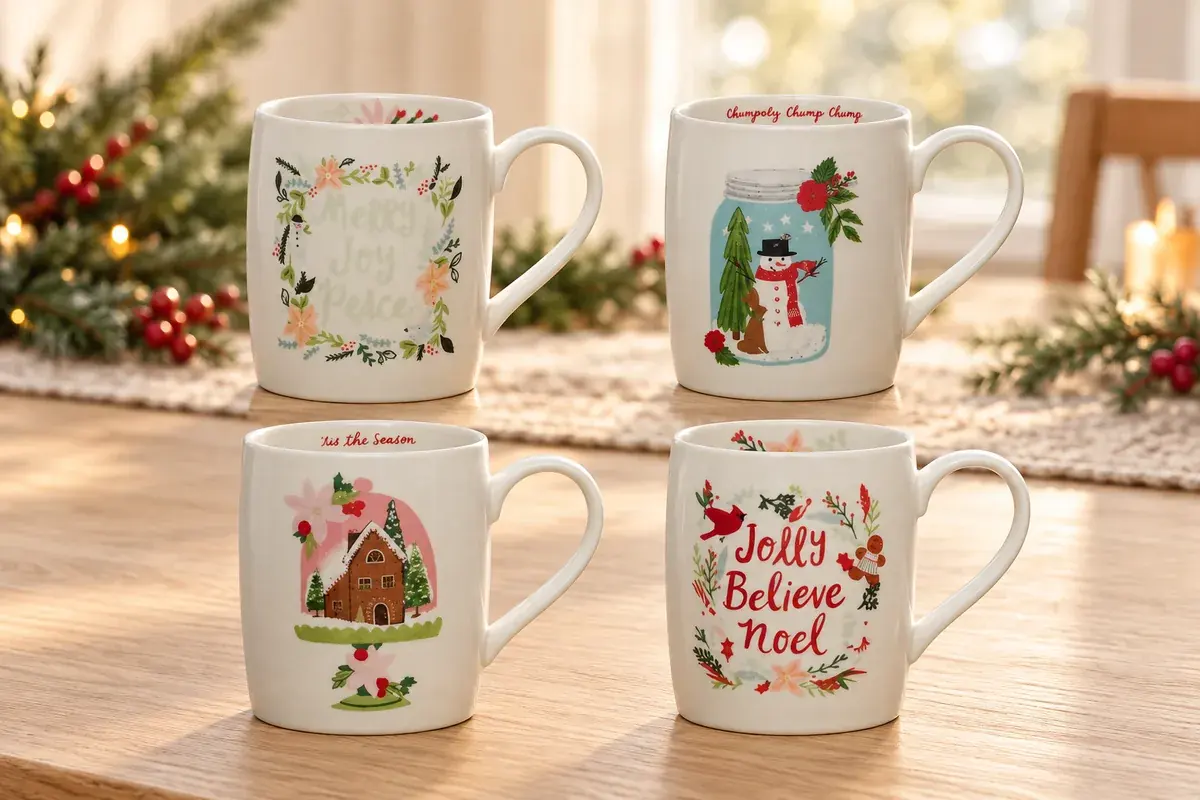 Festive illustrated mugs